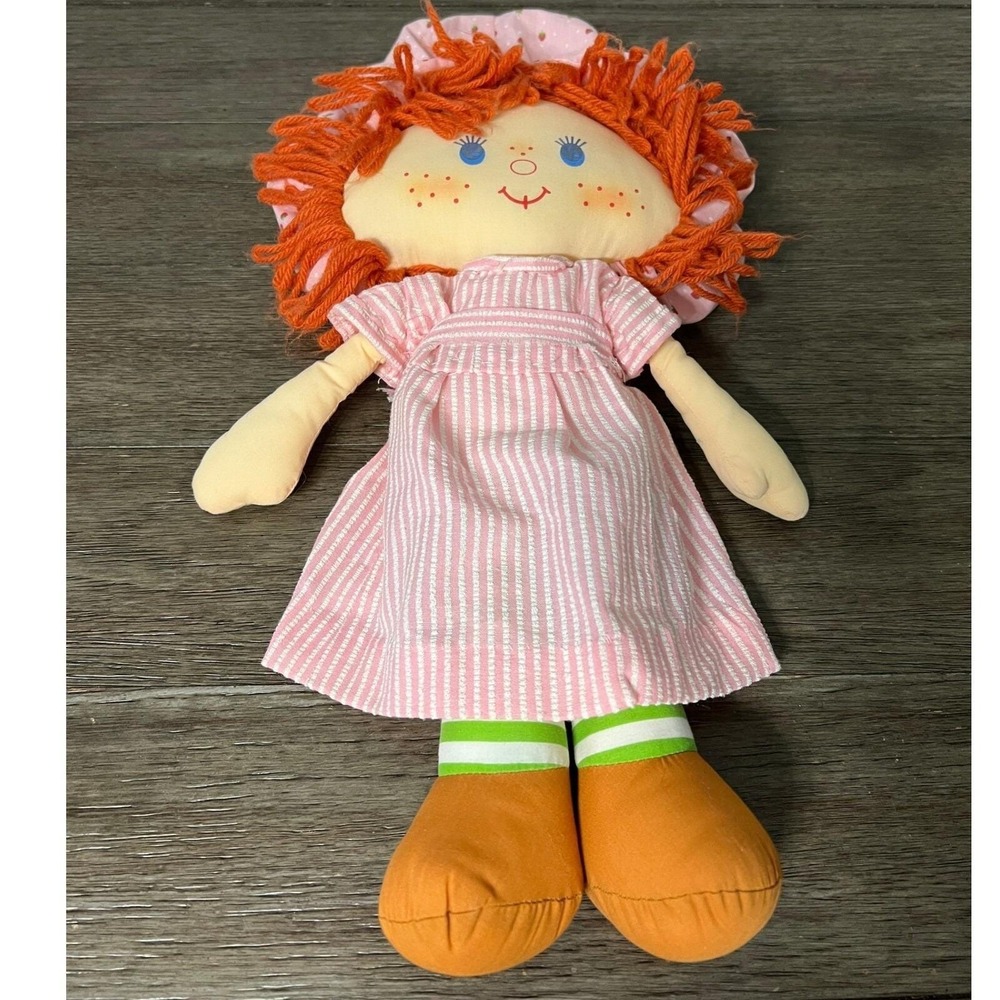 Strawberry Shortcake Rag Doll Plush Toy Pink Striped Dress Vintage Retro 80s